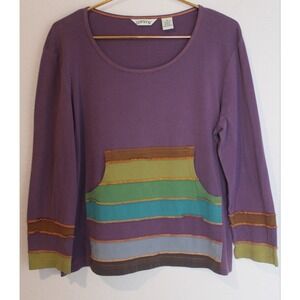 Orvis Shirt Womens M Blue Casual 3/4 Sleeve‎ Rainbow Pocket Purple Hippie Boho